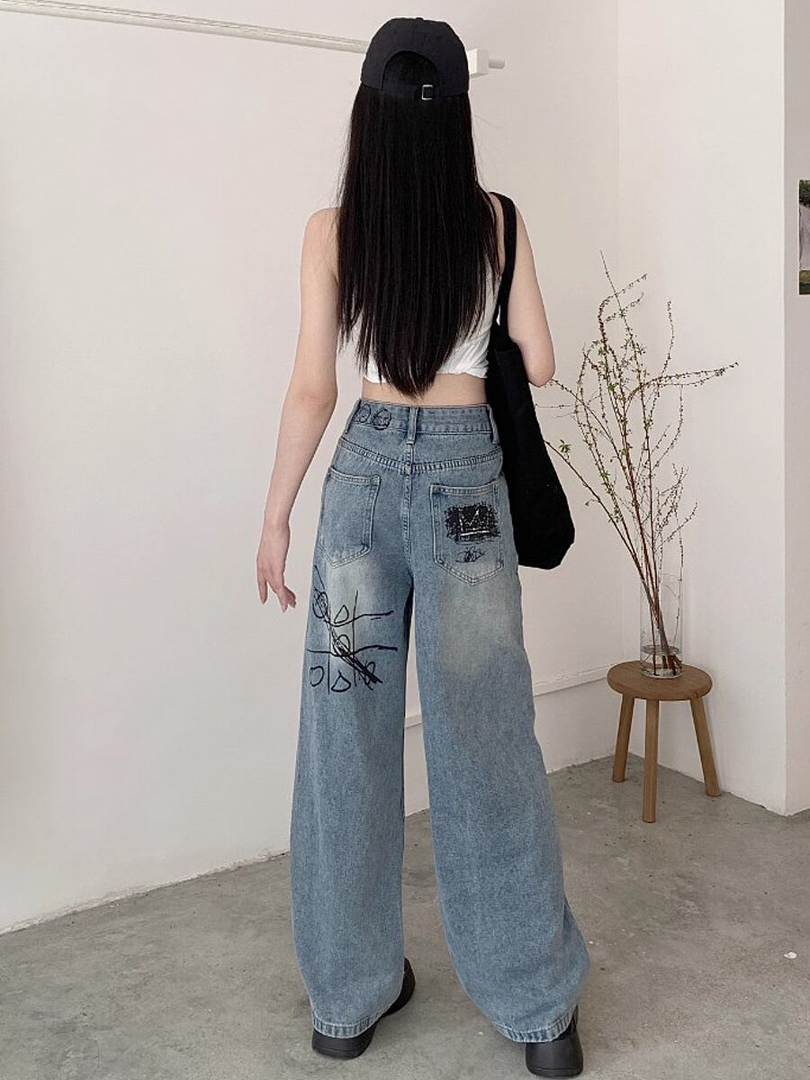 らくがき風イラストプリントロングデニムパンツ ハイウエスト 落書き