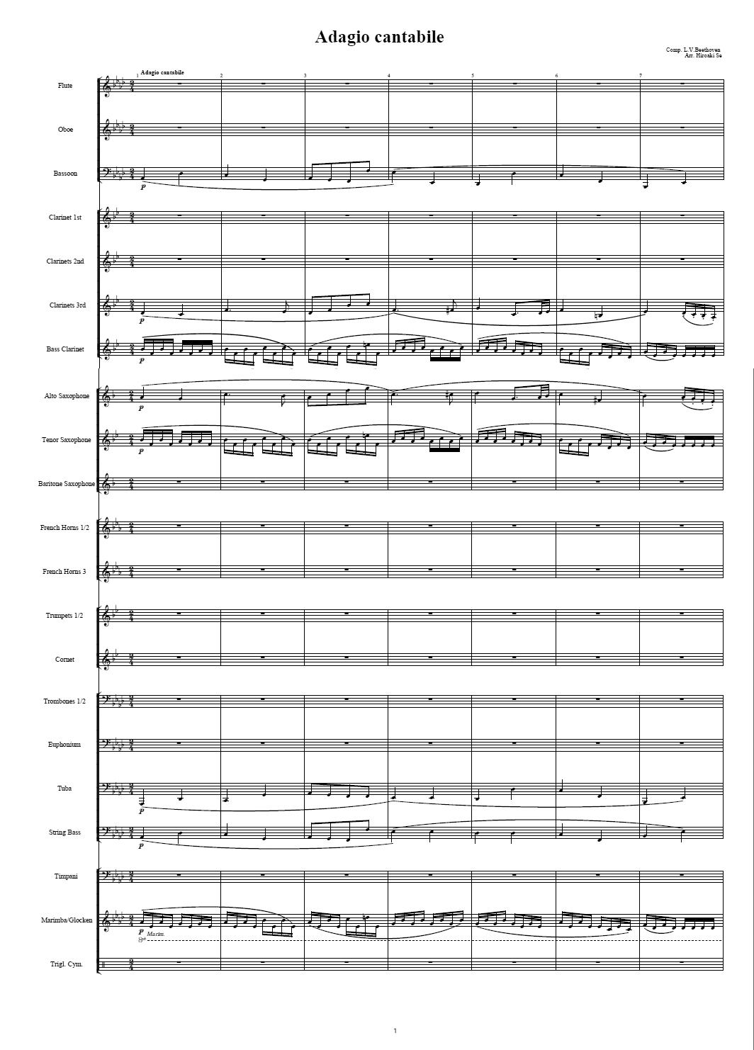 Adagio cantabile中編成吹奏楽譜（L.V.ベートーベン/編曲 瀬 浩明 