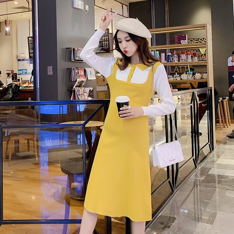 【新作】【送料無料】 妊娠中および長期休暇中の秋と冬の新しい妊婦用ニットボトミングシャツツーピースカラーブロッキングランタンスリーブは、妊娠中および産後の授乳が可能です-アリババ ロング オータム 秋物 ウィンター 冬物 expec150379682164