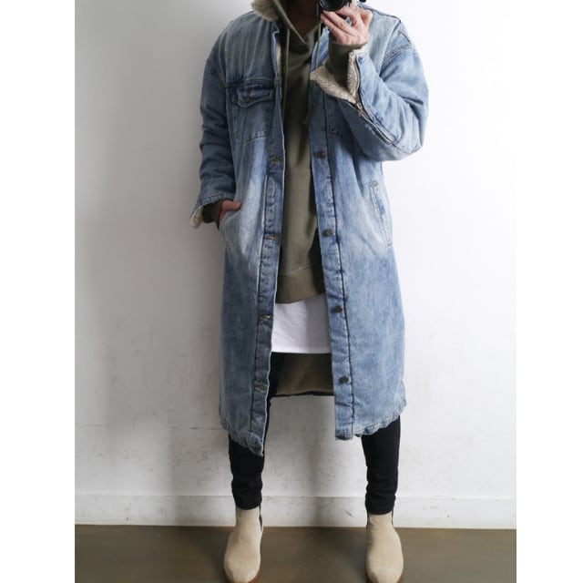 予約販売】コート デニム アウター ミドル丈 シンプル 襟ボア 防寒
