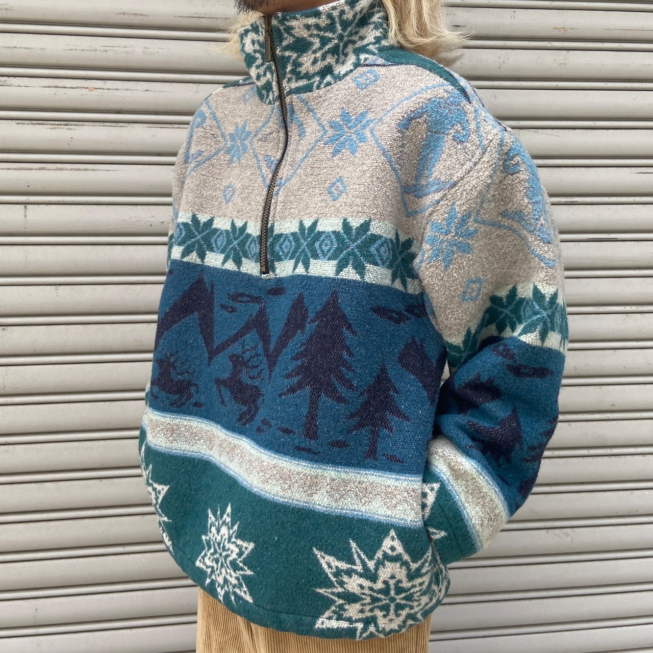 90s エルエルビーン ノルディック柄ウールハーフジッププルオーバー S相当