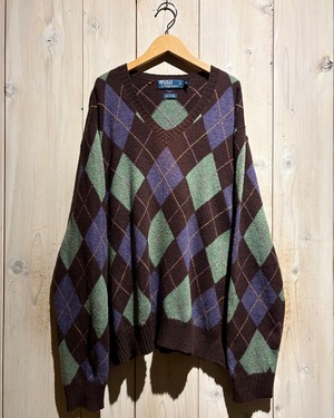 【a.k.a.C.a.k.a vintage】"Polo by Ralph Lauren" Argyle Pattern Cotton × Cashmere Vintage V Neck Knit
