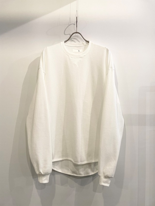 T/f Lv3 loose fit V-gusset crew neck waffle long sleeve top - white