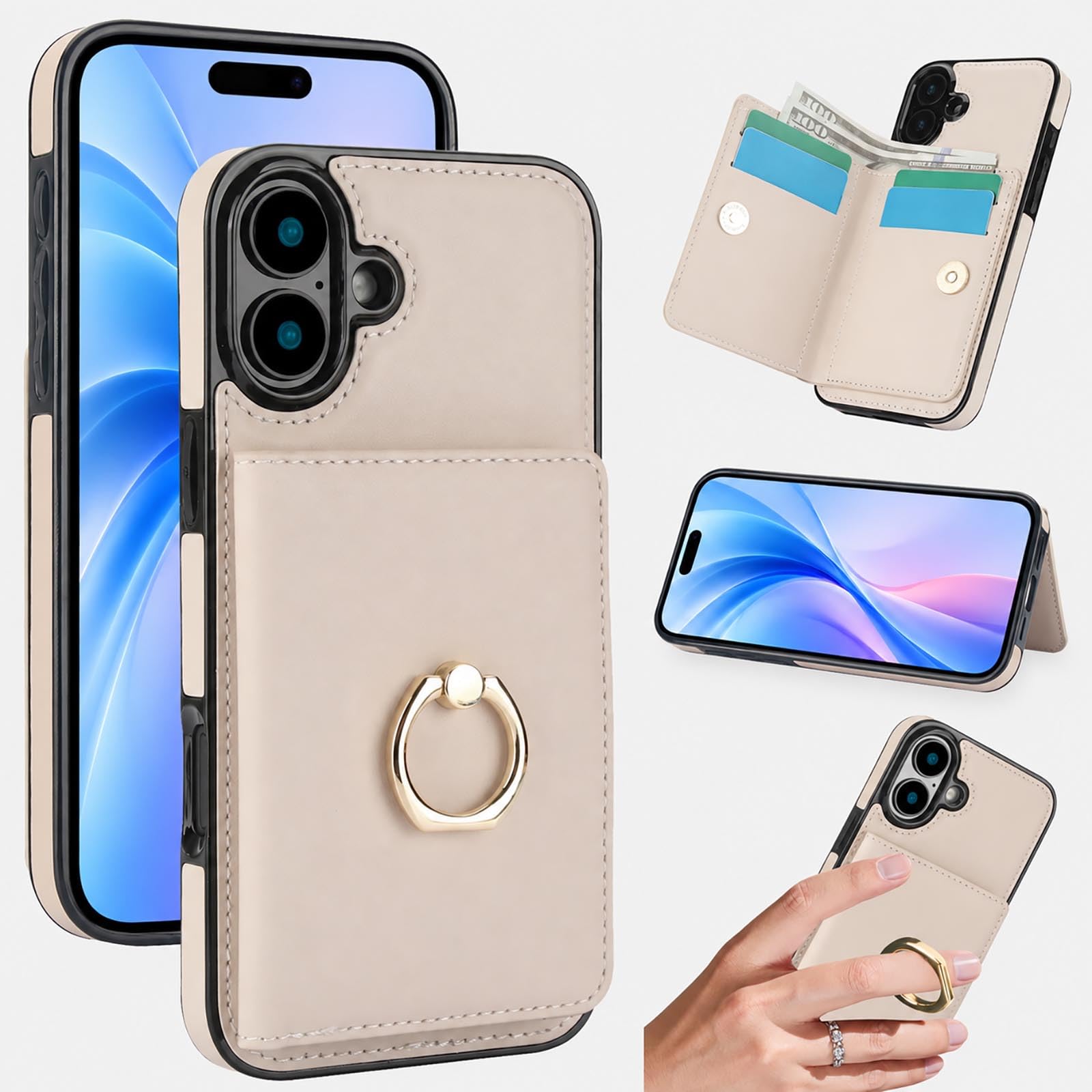 iPhone 16 用 ケース 手帳型 アイフォン16 手帳型ケース リング付き アイホン16 スマホケース 背面カード収納 いphone16 手帳型ケース スタンド機能 あいほん16 携帯ケース 財布型 レザー シンプル おしゃれ アイホン16ケース 耐衝撃 あいほん16ケース手帳型 RFIDブロック機能(オフホワイト)