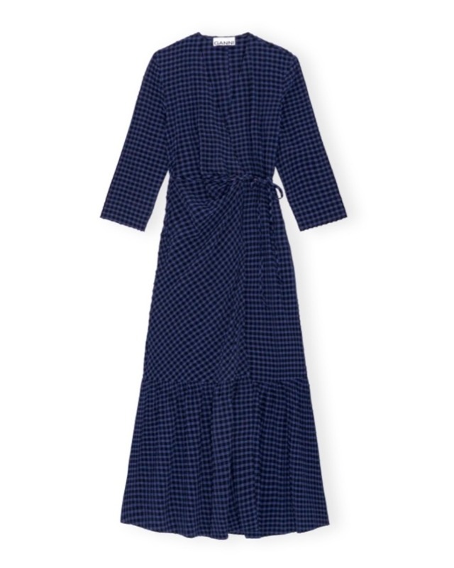 【GANNI】BLUE CHECKERED SEERSUCKER GATHERED MIDI WRAP DRESS