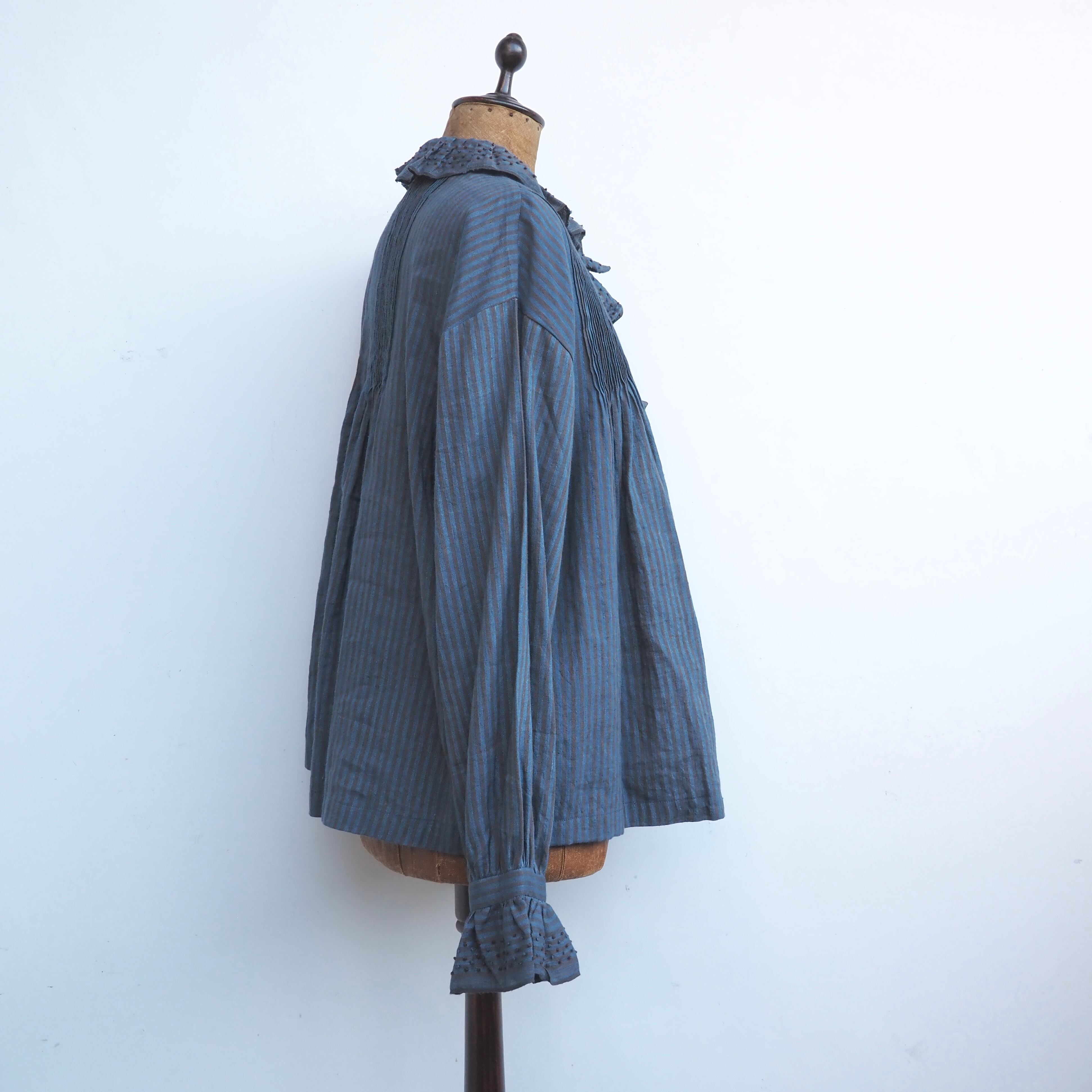 BUNON/Embroidery Frill Blouse /ブラウス(Brown×Blue strip)