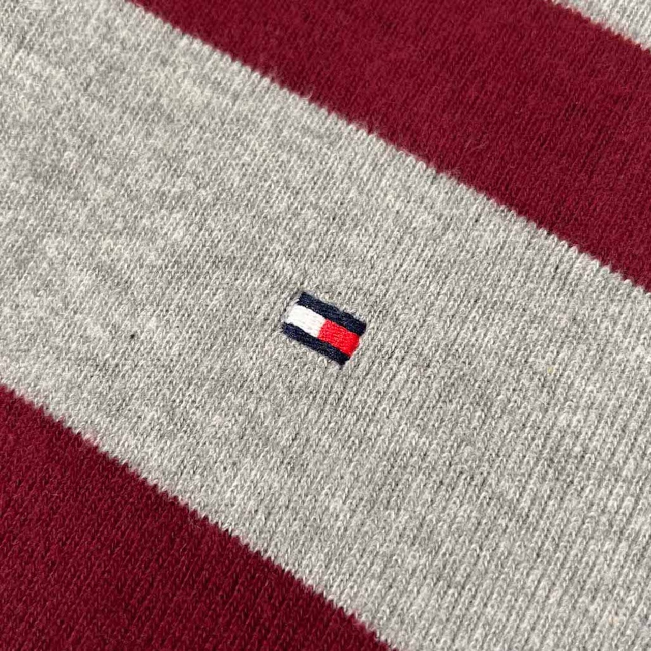 TOMMY HILFIGER トミーヒルフィガー ボーダー柄 ボタンモック ハイネック スウェット トレーナー シャツ L /グレー×ボルドー系