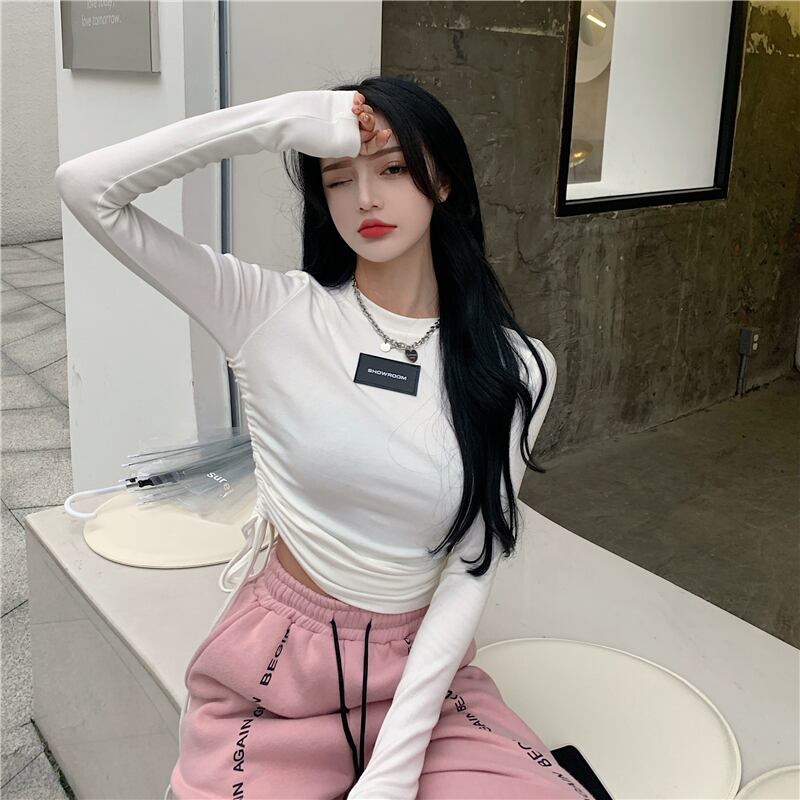 ラウンドネックギャザーTシャツ レディースオータムウィンターソリッド カラースリムフィットショート レース 秋物 冬物 Oネック レースアップ ソリッドカラー ドラファッションホール24761139736