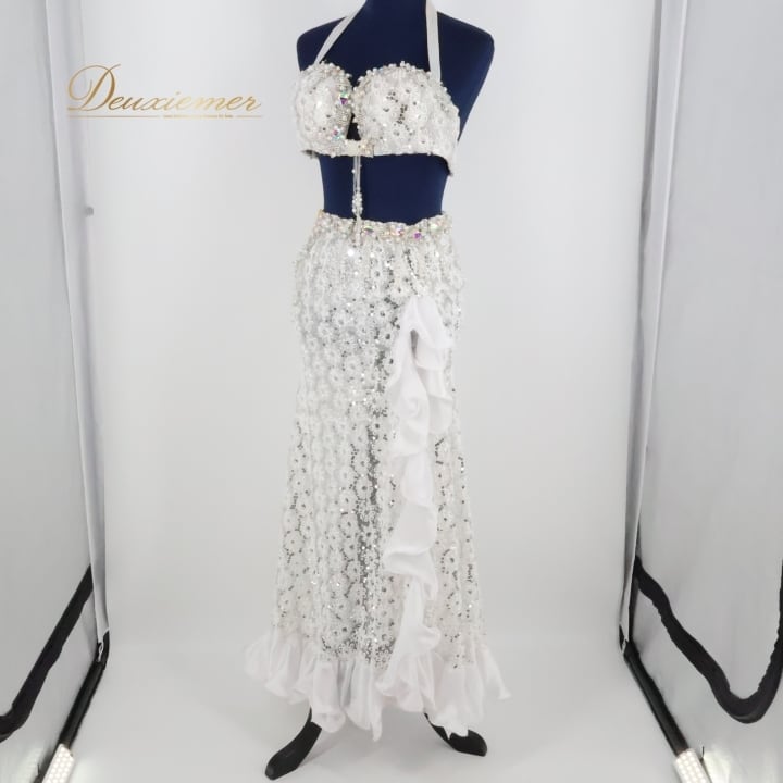 ベリーダンス オリエンタル 衣装 上下セット ホワイト系 白 シルバー