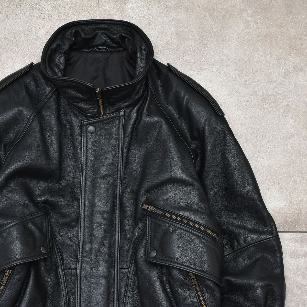 Deformation design black leather jacket   古着屋 grin days memory