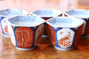伊万里焼 色絵 花鳥文 向付 六角形 五客組 B /Imari cup set of 5 , B