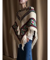 ethnic pattern vintage knit poncho-5061-11