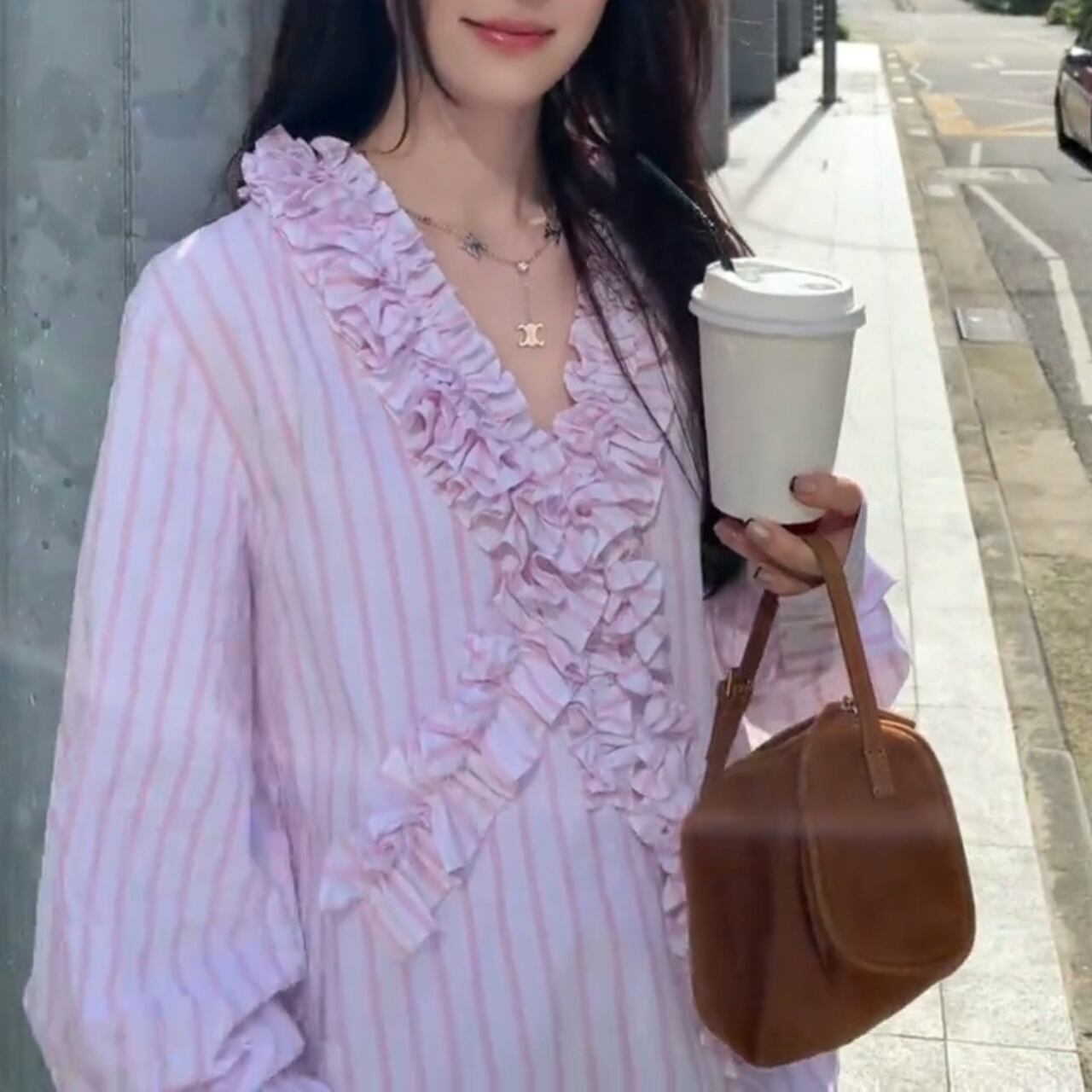 Pink striped ruffle blouse S1517