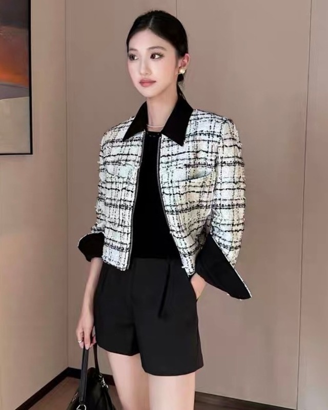 チェック柄 ショート ツイードジャケット