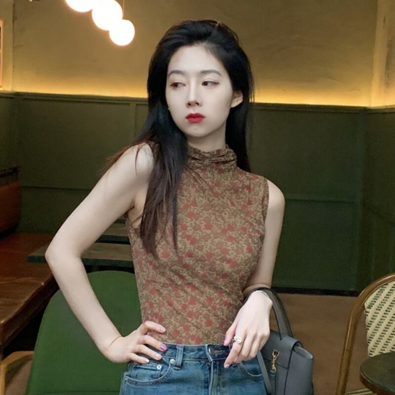 ノースリーブフローラル薄手ホルタートップス スタンダードTシャツ レトロ 花柄 YY-ファッション16530444135