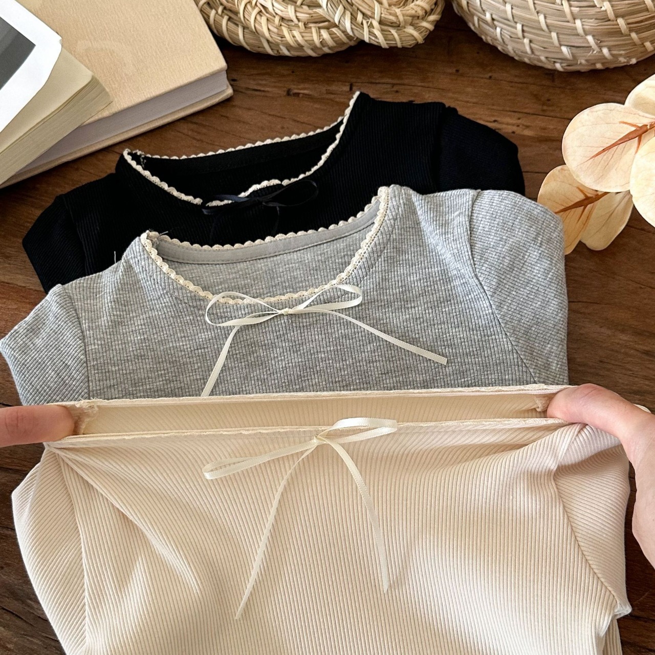 秋リボン長袖リブTシャツ3色