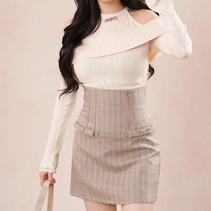 【2点セット】オープンショルダーニット＋ストライプ柄ハイウエストスカート ・73777