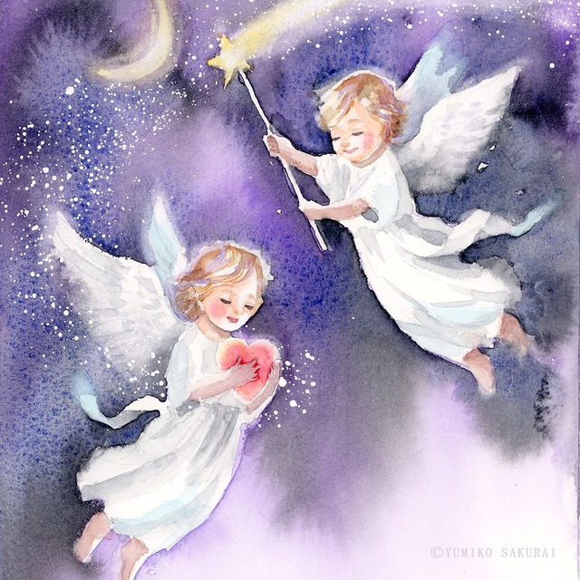 原画　『愛は光になって 』　水彩画　天使の絵