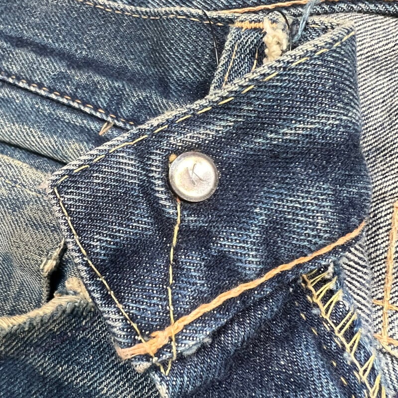 60's LEVI'S リーバイス 505 Big E デニム 刻印K セルヴィッジ Vステッチ GREPPER ウォッチポケット裏耳付きシングル  リペア有り カスタム グランジ W33 希少 ヴィンテージ BA-1691 RM2110H | agito vintage powered by