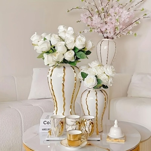 花瓶 蓋付き ゴージャス ゴールド エレガント 21×21×45cn フラワーポット フラワーアレンジメント 玄関 リビング デスク 書斎