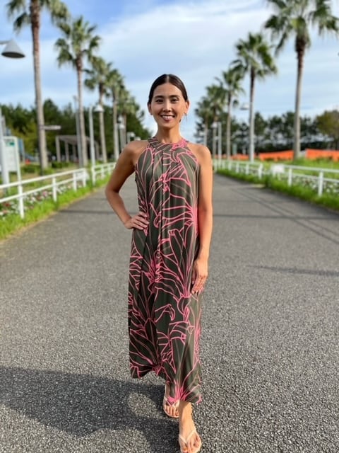 サークルワンピース ティーリーフ カーキ×ピンク