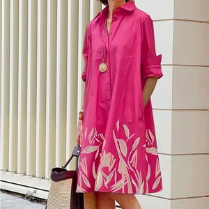 pink botanical print lapel shirt dress<d3135>