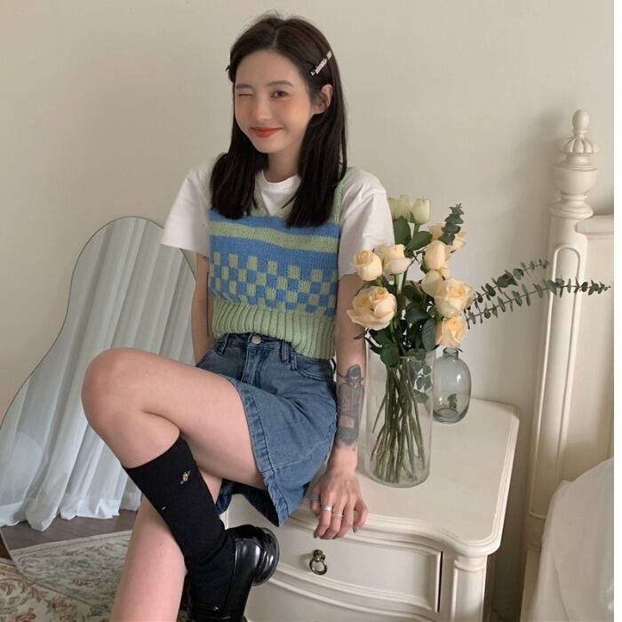 スタンダードニットセーター スタイルVネックショートノースリーブ レトロ 半袖 ハーフスリーブ モンロー85602721221