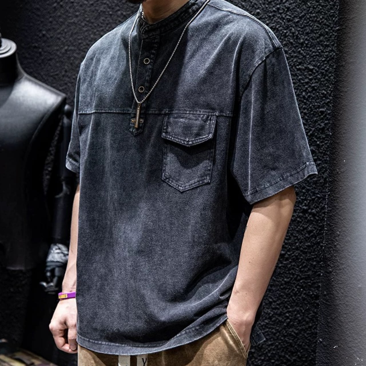 バンドカラー ボックスシルエット パッチポケットTシャツ 00288