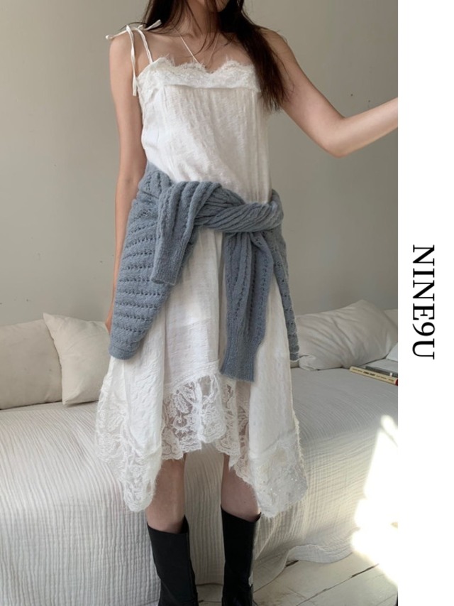 lace asymmetry wrinkled camisole-one-piece【NINE7934】