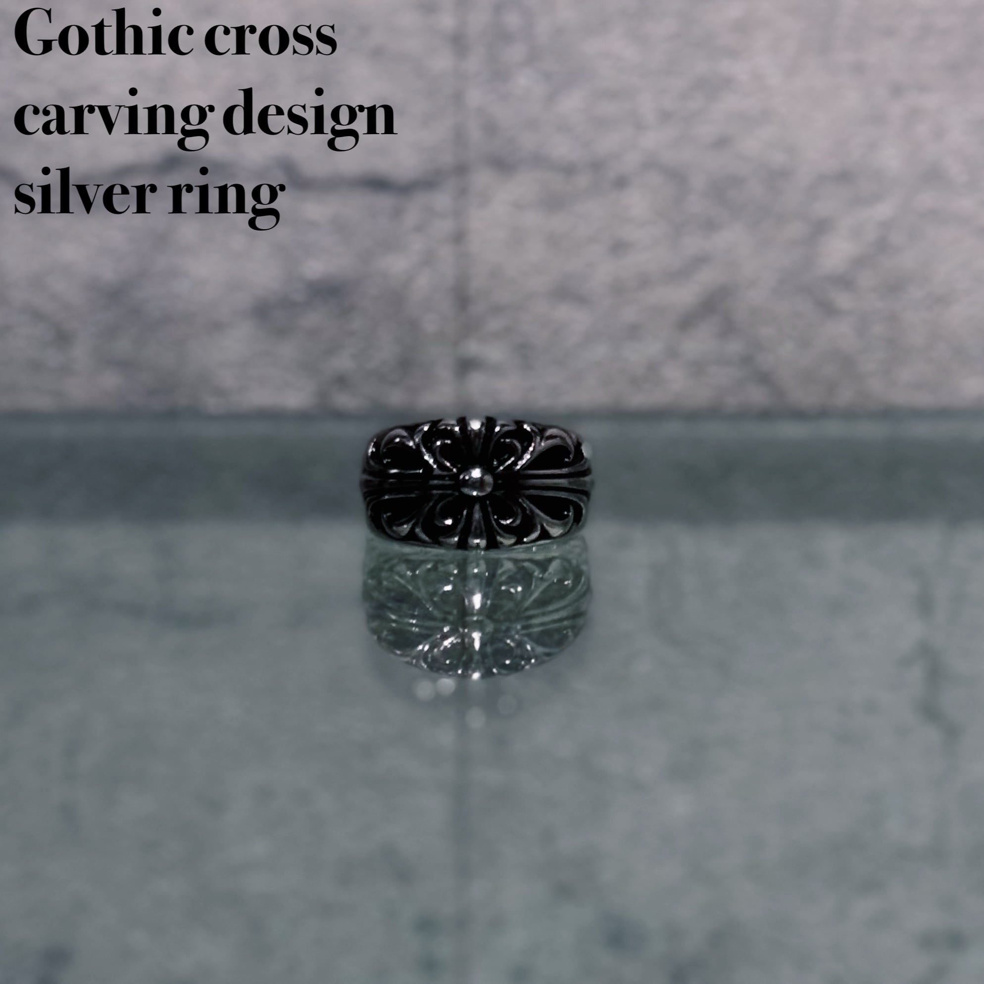 Gothic cross carving design silver ring