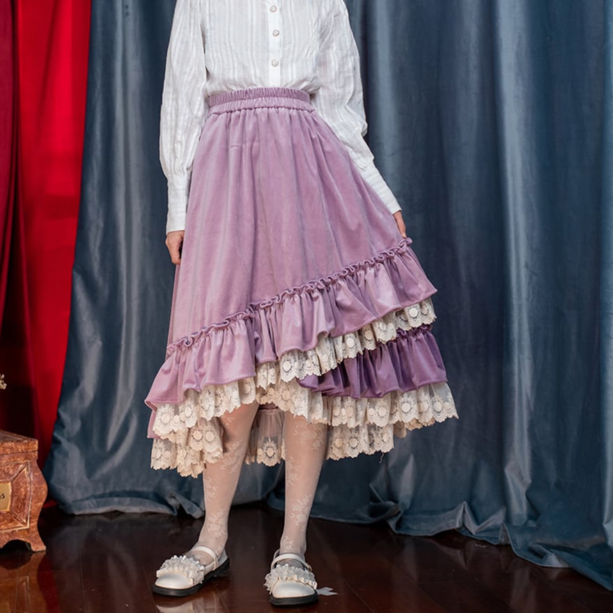 セミロリ ラベンダーケーキスカート レース フリル クラシカルロリィタ 森ガール