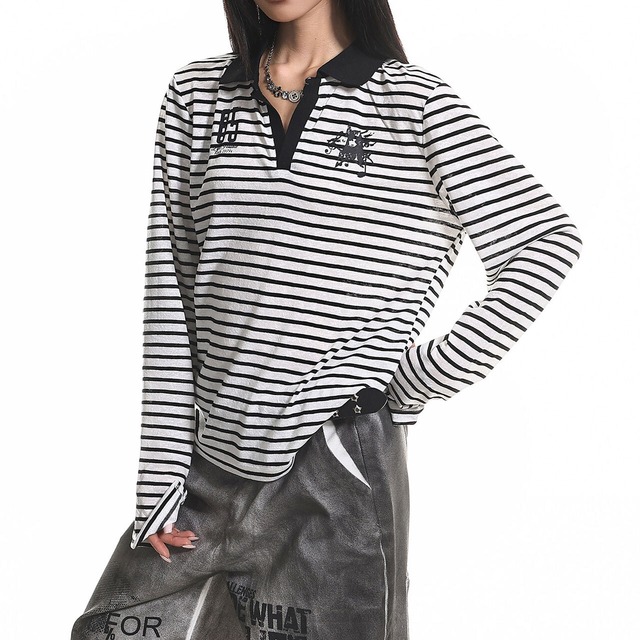 スキッパーカラーボーダーリラックスTシャツ 2col   R01967