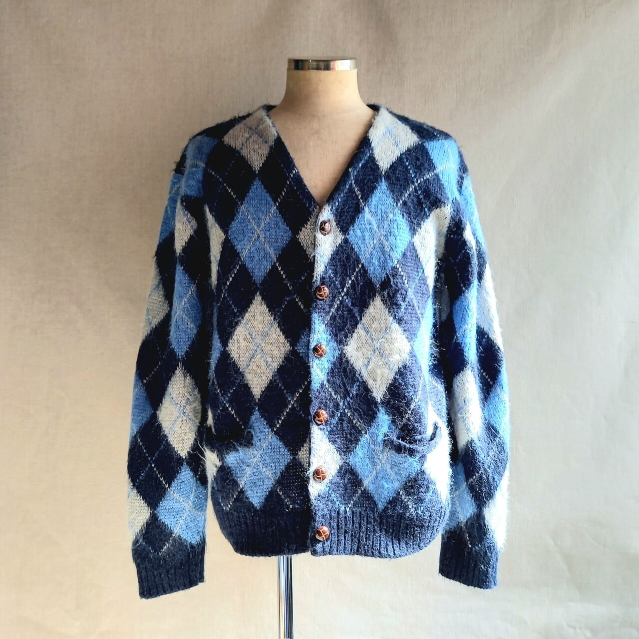 モヘアカーディガン XL 美味かっ アーガイル ライトブルー 