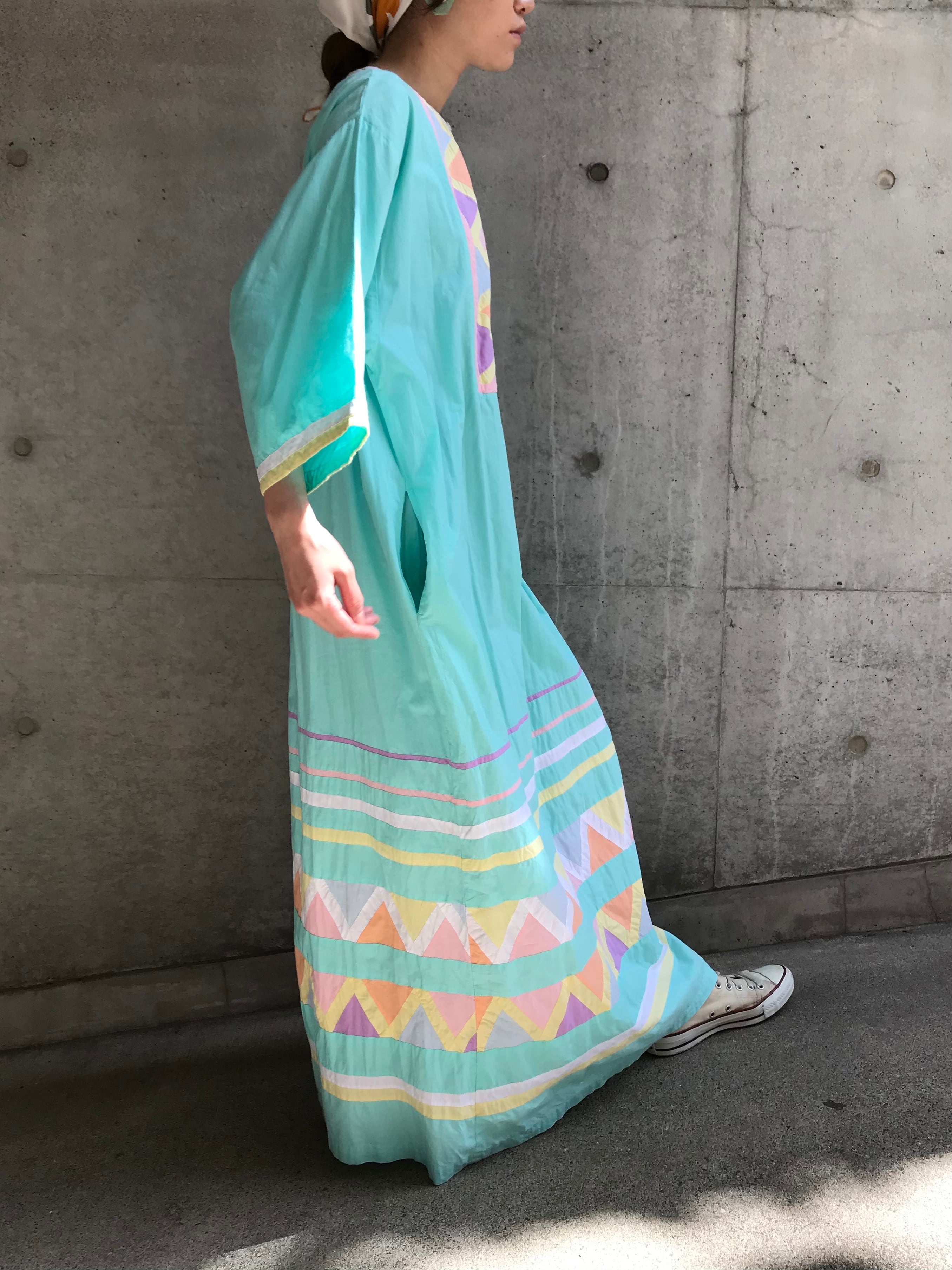 70s ice blue × patchwork indian cotton dress ( ヴィンテージ アイス