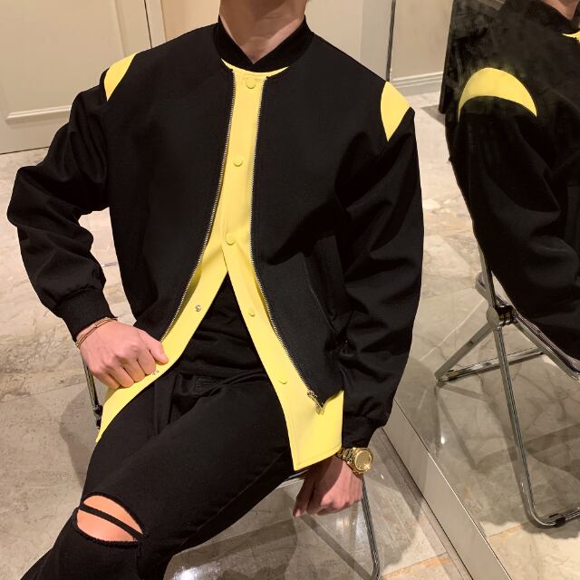 【予約販売】ブルゾン カーディガン ジャケットバイカラー 差し色 メンズ アウター Vネック 無地 ブラック イエロー 個性的 インパクト カジュアル シック 男前 こなれ感 お洒落 韓国 トレンド 秋 冬 春 M/L/XL
