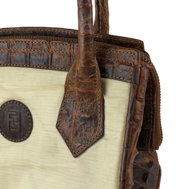 FENDI フェンディ ショルダーバッグ ベージュ ロゴ レザー キャンバス 2way クロコ型押し vintage ヴィンテージ オールド apxrfn