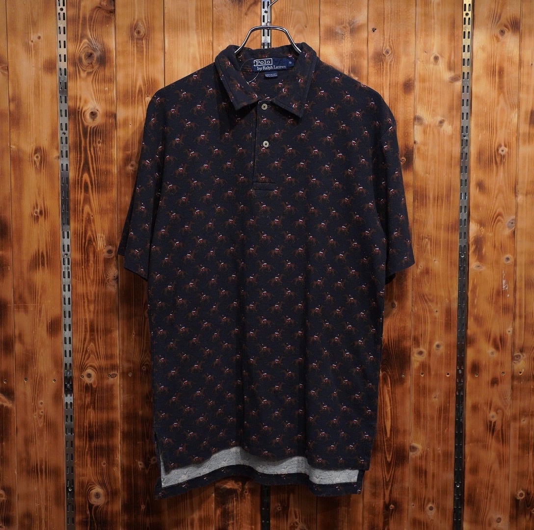 90s USA製 ralphlauren 総柄 馬柄 ポロシャツ S/ブラック ラルフローレン