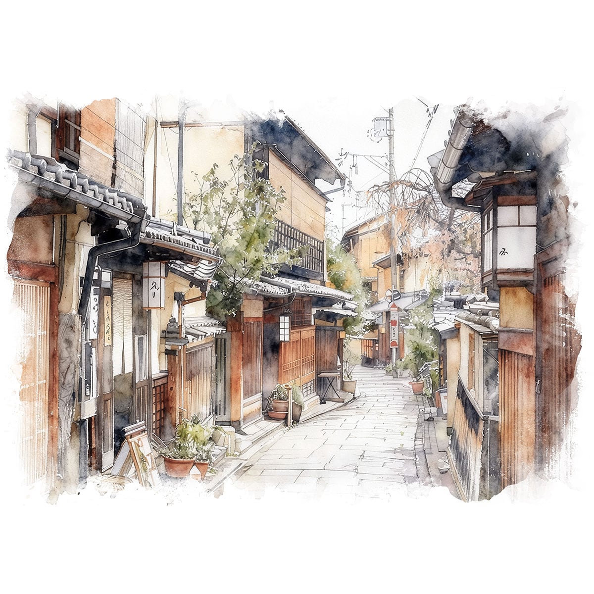 絵画 日本 京都の路地裏 風景画 インテリアアート額付き 水彩画・油絵風 WAT0132