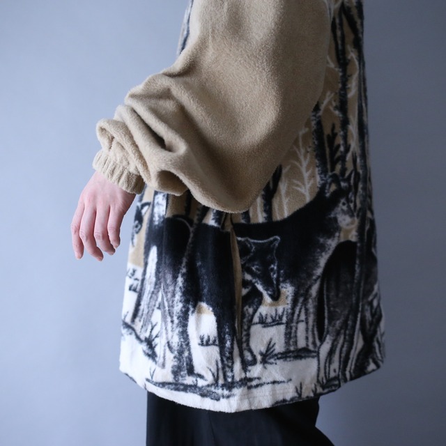 "狼" good animal and tree pattern over silhouette fleece jacket