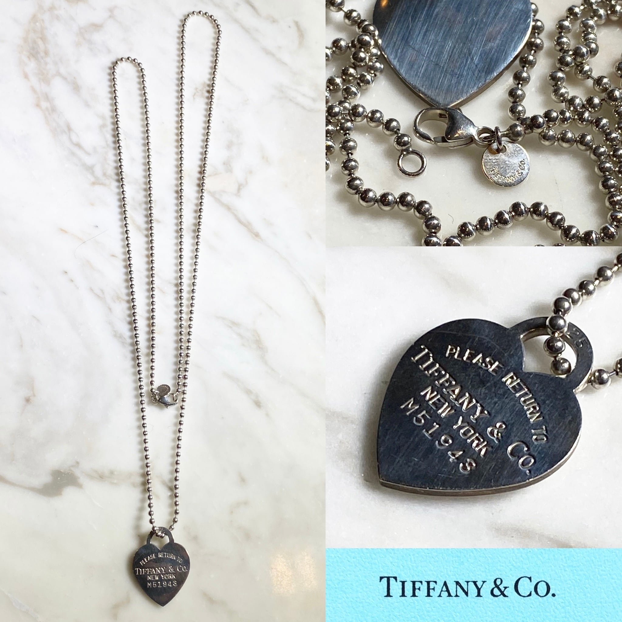 TIFFANY silver heart pendant long ball chain necklace “return to 