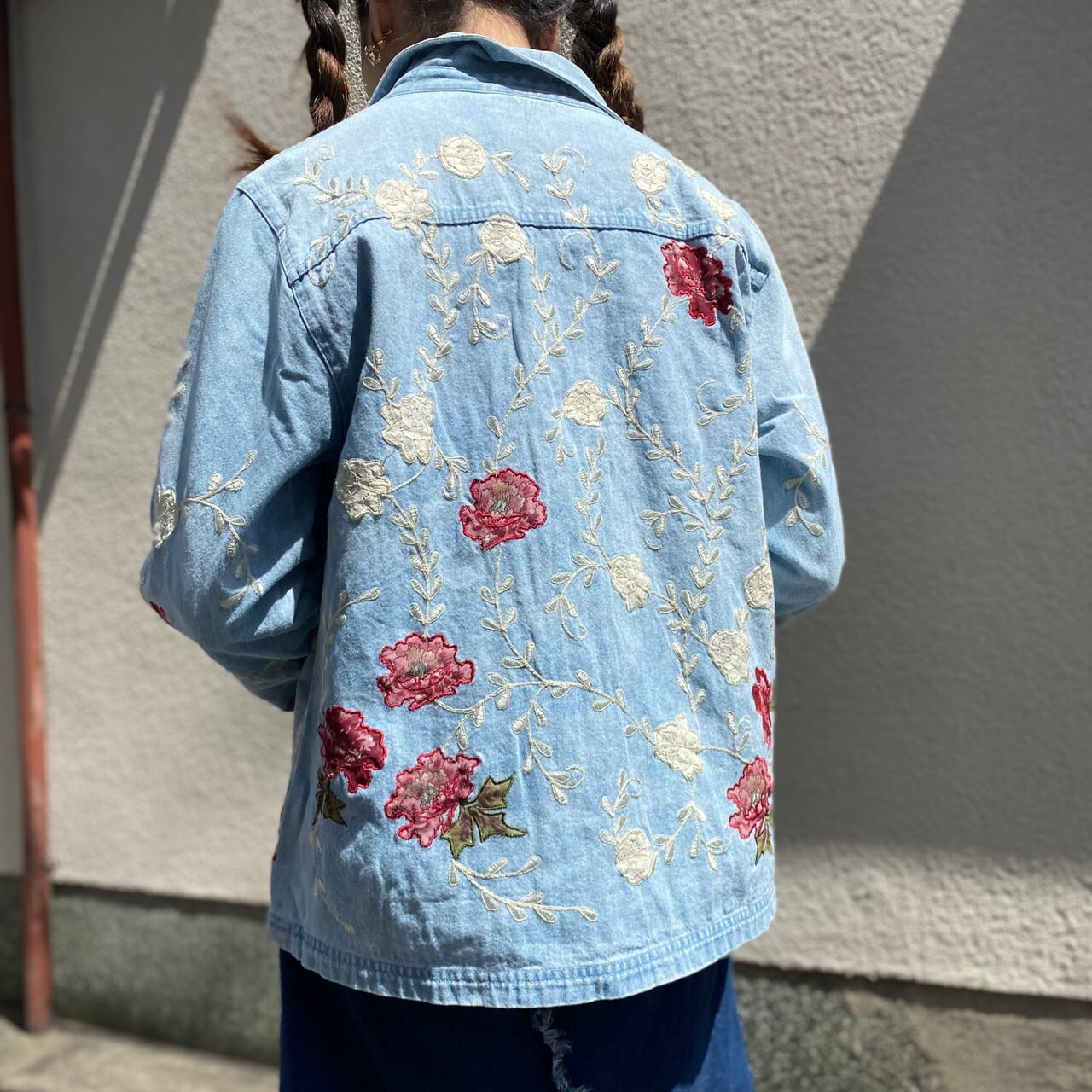 Denim＆Co 刺繍 総柄 花 デニムジャケット レディースL 古着