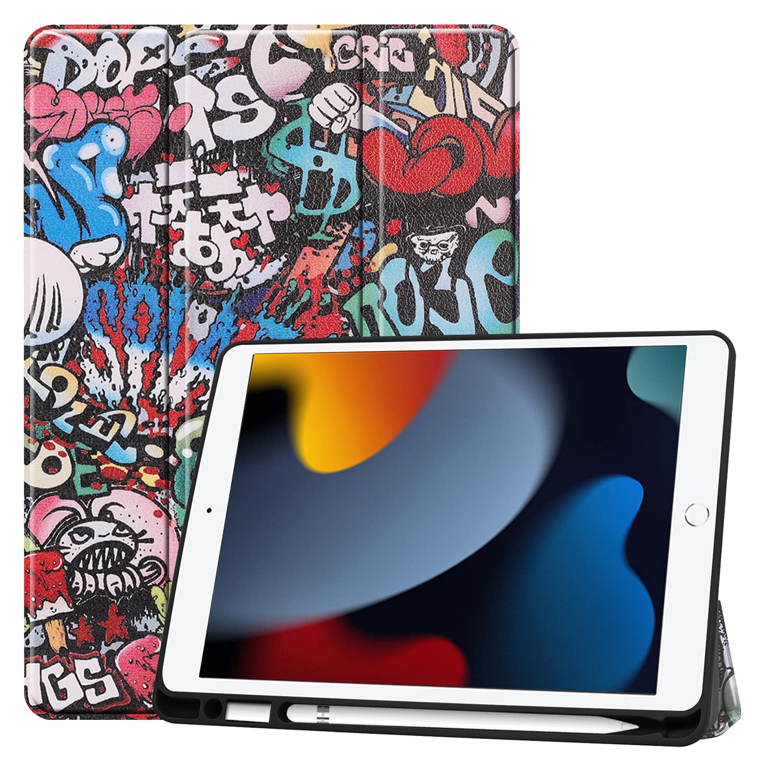 iPad9 iPad8 iPad7 ケース Apple Pencil 収納可能 iPad 10.2インチ カバー iPad 第9世代 第8世代 第7世代 レザーケース ペン収納 三つ折り スマート (iPad9/iPad8/iPad7, 落書き)