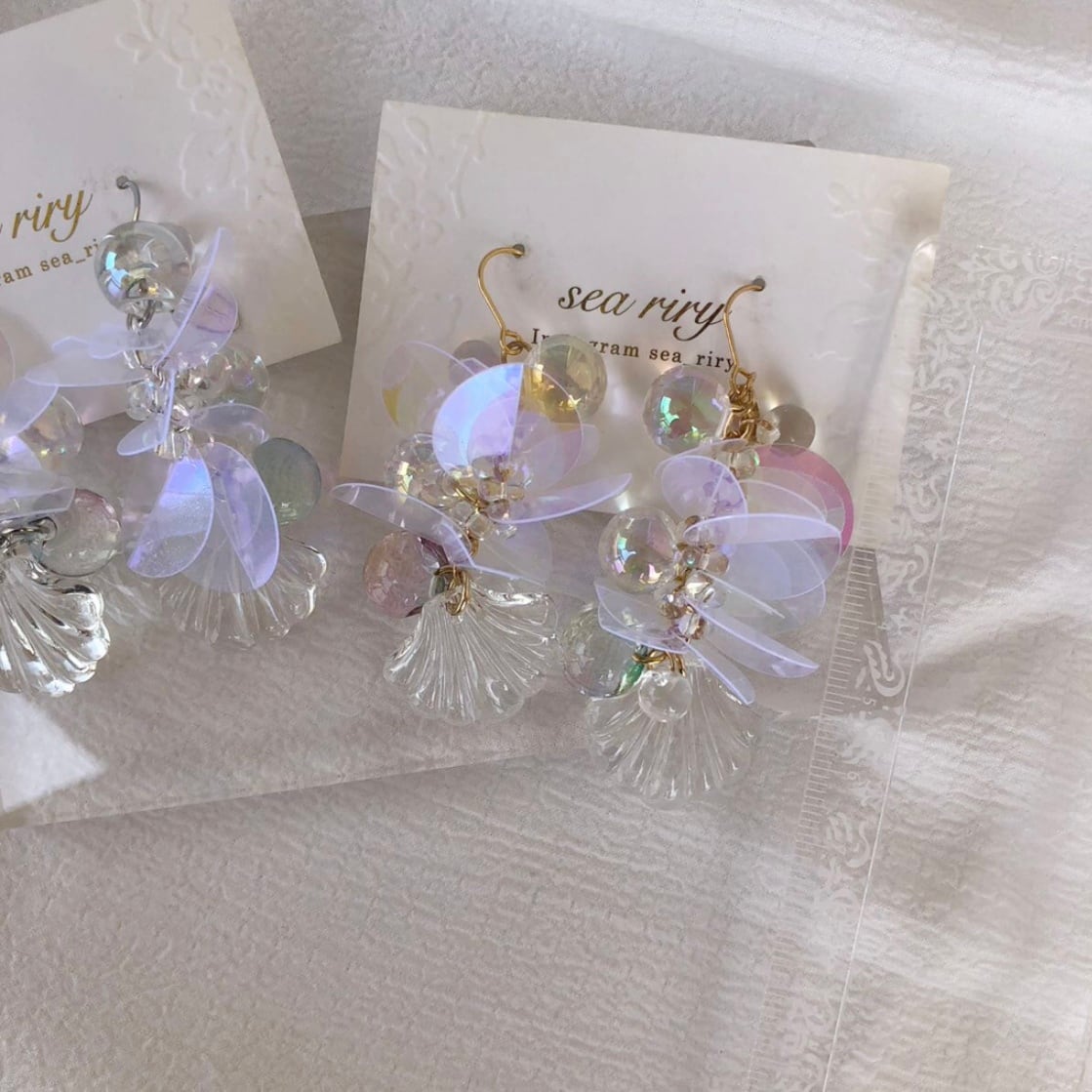no.867 人魚姫のしゃぼん玉ピアス マーメイド シェル クリア オーロラ