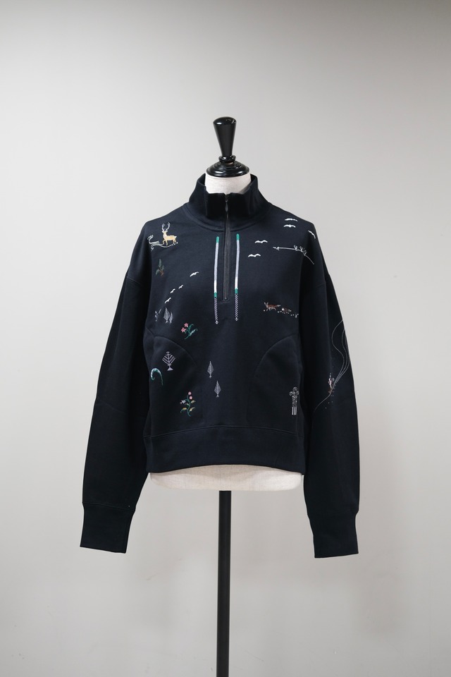 【Mame Kurogouchi】Landscape Embroidery Half Zipped Sweatshirt -BLACK-