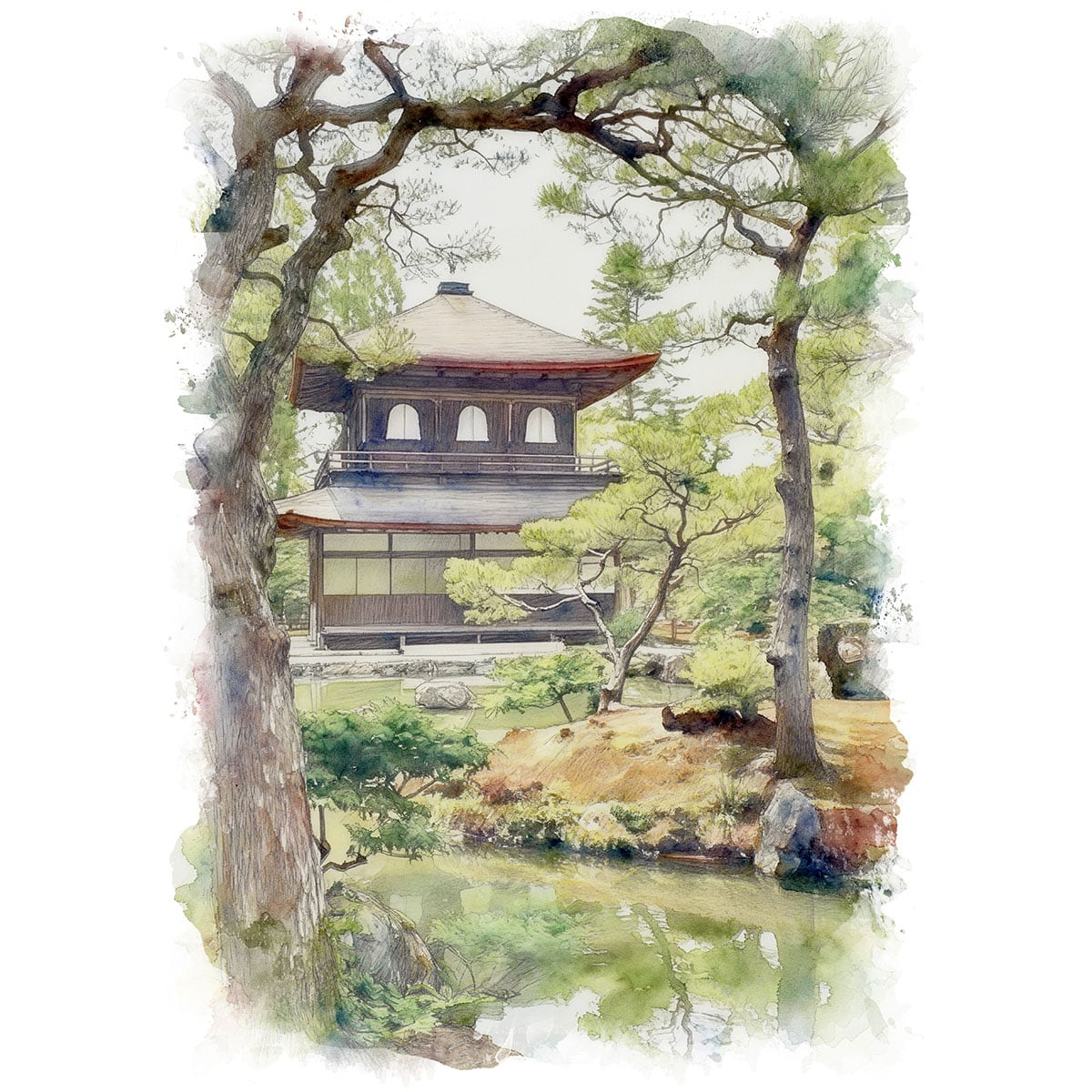 絵画 風景画 日本 京都府 慈照寺 インテリアアート額付き 水彩画風 WAT1692