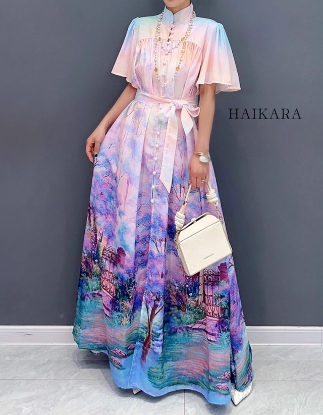 Elegant long dress with brightly colored patterns