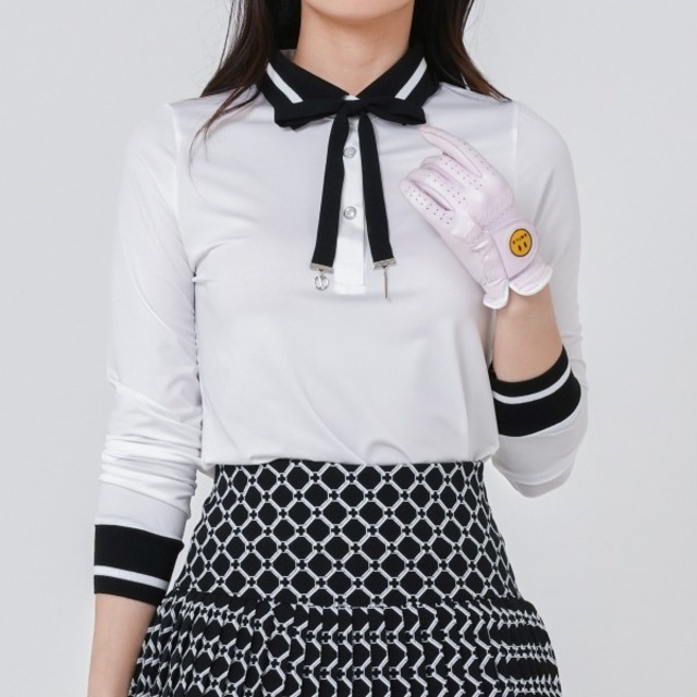 リボンタイ付き長袖ポロシャツ