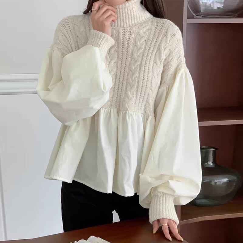 異素材ミックス ハイネック パフスリーブ ニット-ホワイト