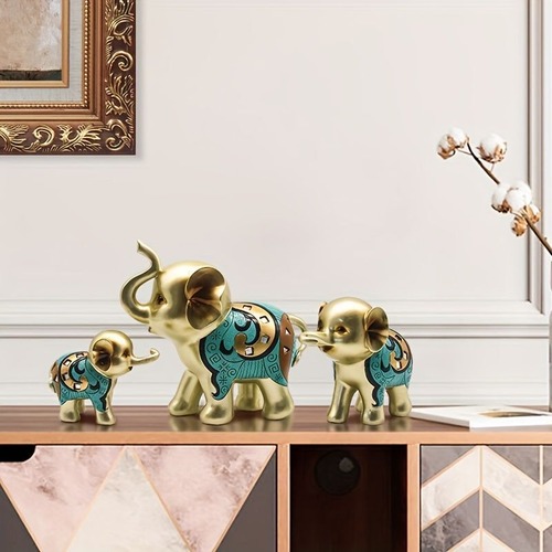 象 置き物 オブジェ 樹脂象像 3個セットのゴールデンエレファントオーナメント オフィス リビング ギフト