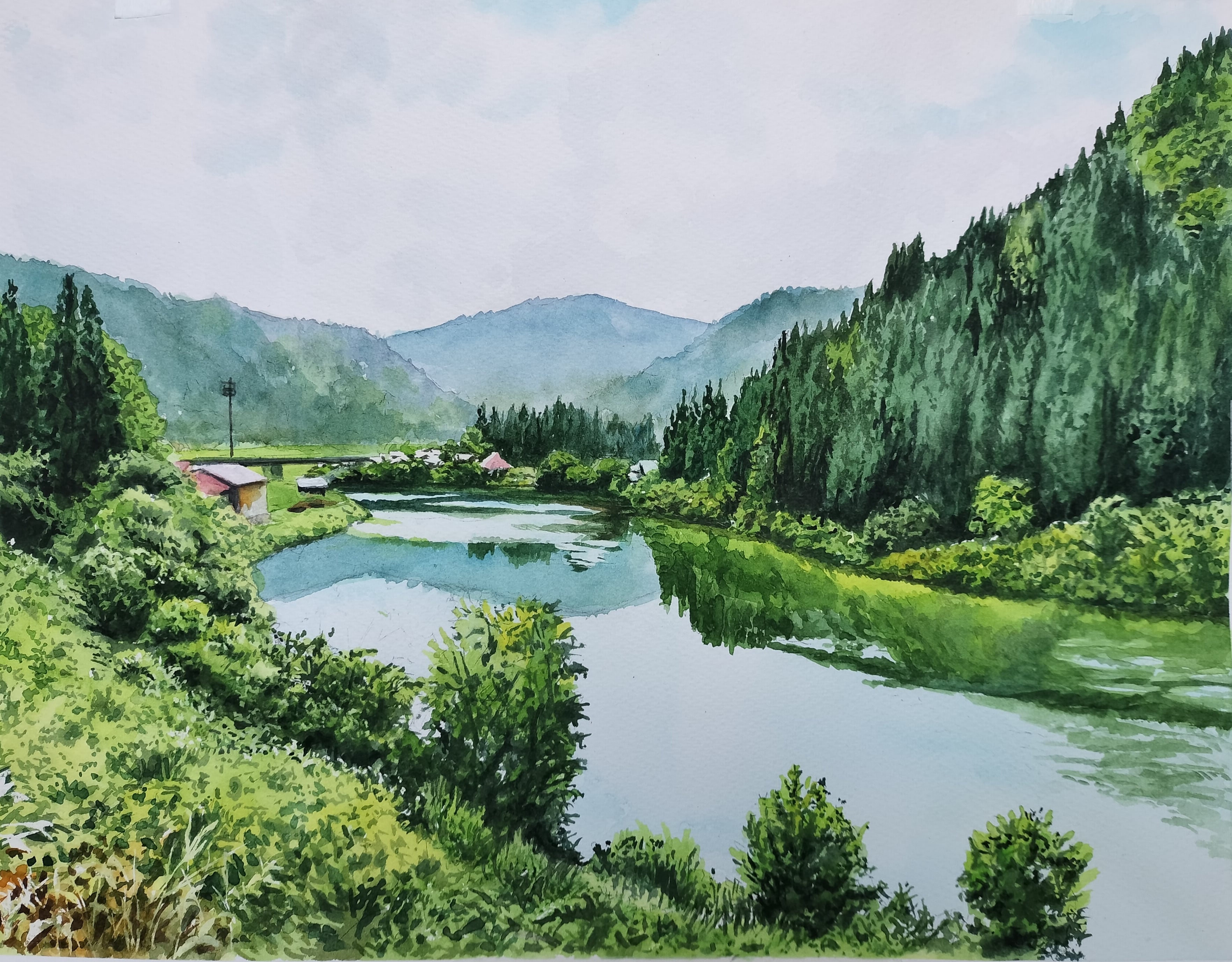 水彩画 風景画 画題「川色に魅せられて.」 | Pay ID